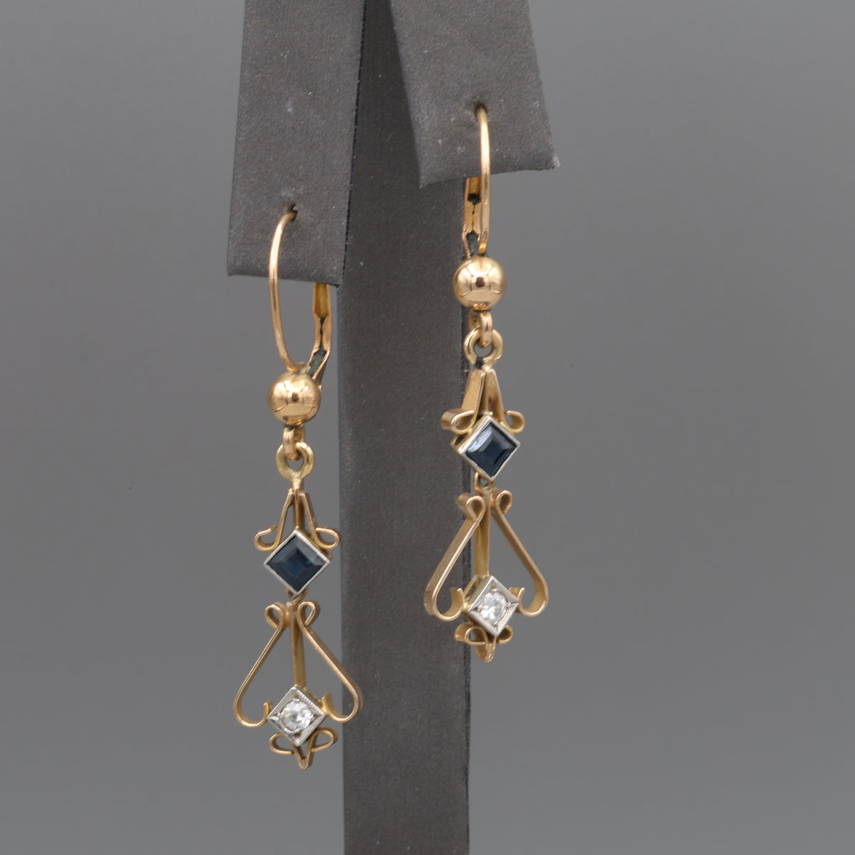 Fantastic Art Deco Old Cut Diamond and Sapphire Dangle Earrings in 18k Yellow Gold