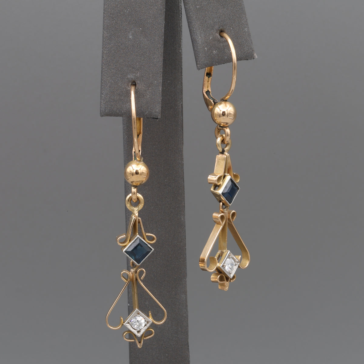 Fantastic Art Deco Old Cut Diamond and Sapphire Dangle Earrings in 18k Yellow Gold
