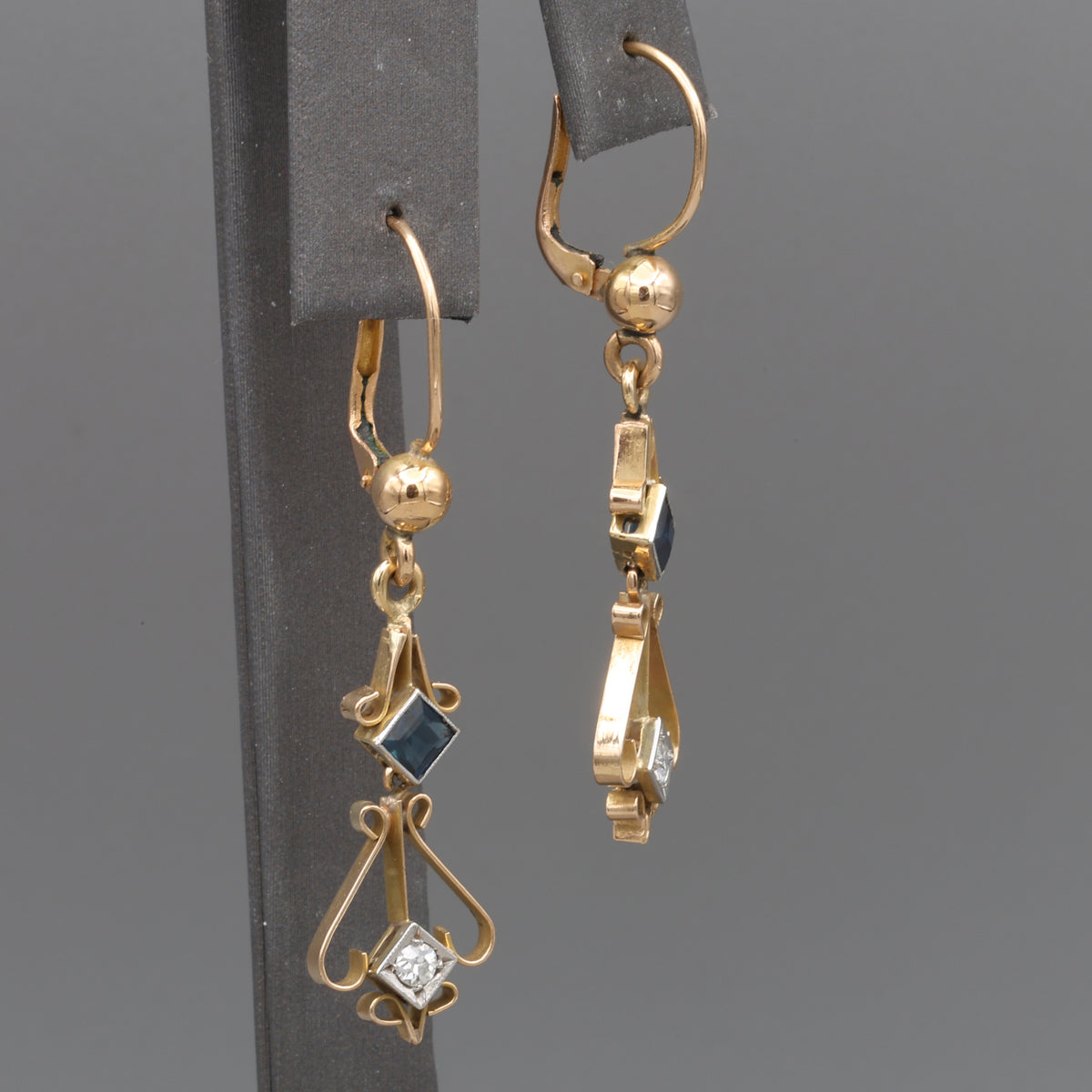 Fantastic Art Deco Old Cut Diamond and Sapphire Dangle Earrings in 18k Yellow Gold