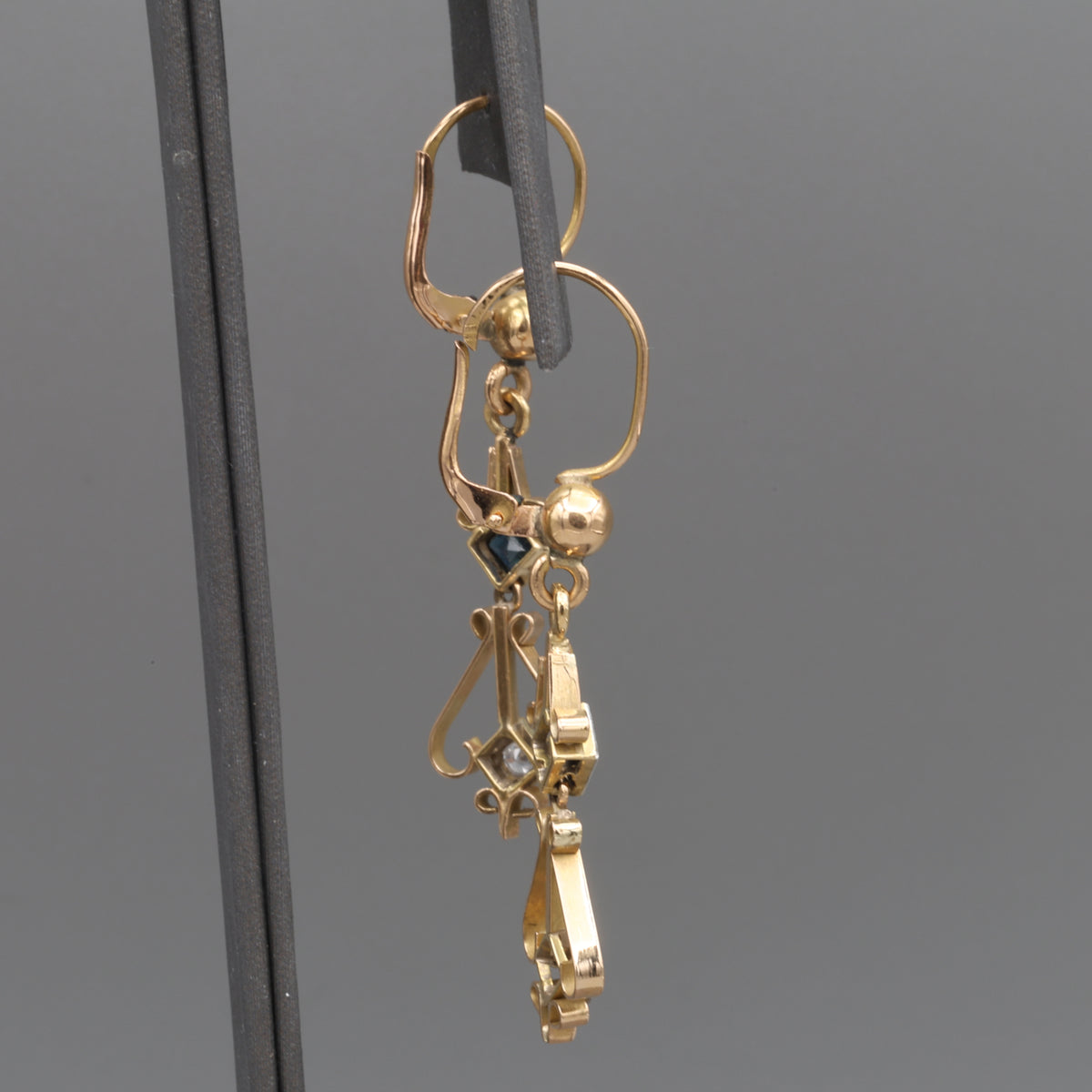 Fantastic Art Deco Old Cut Diamond and Sapphire Dangle Earrings in 18k Yellow Gold