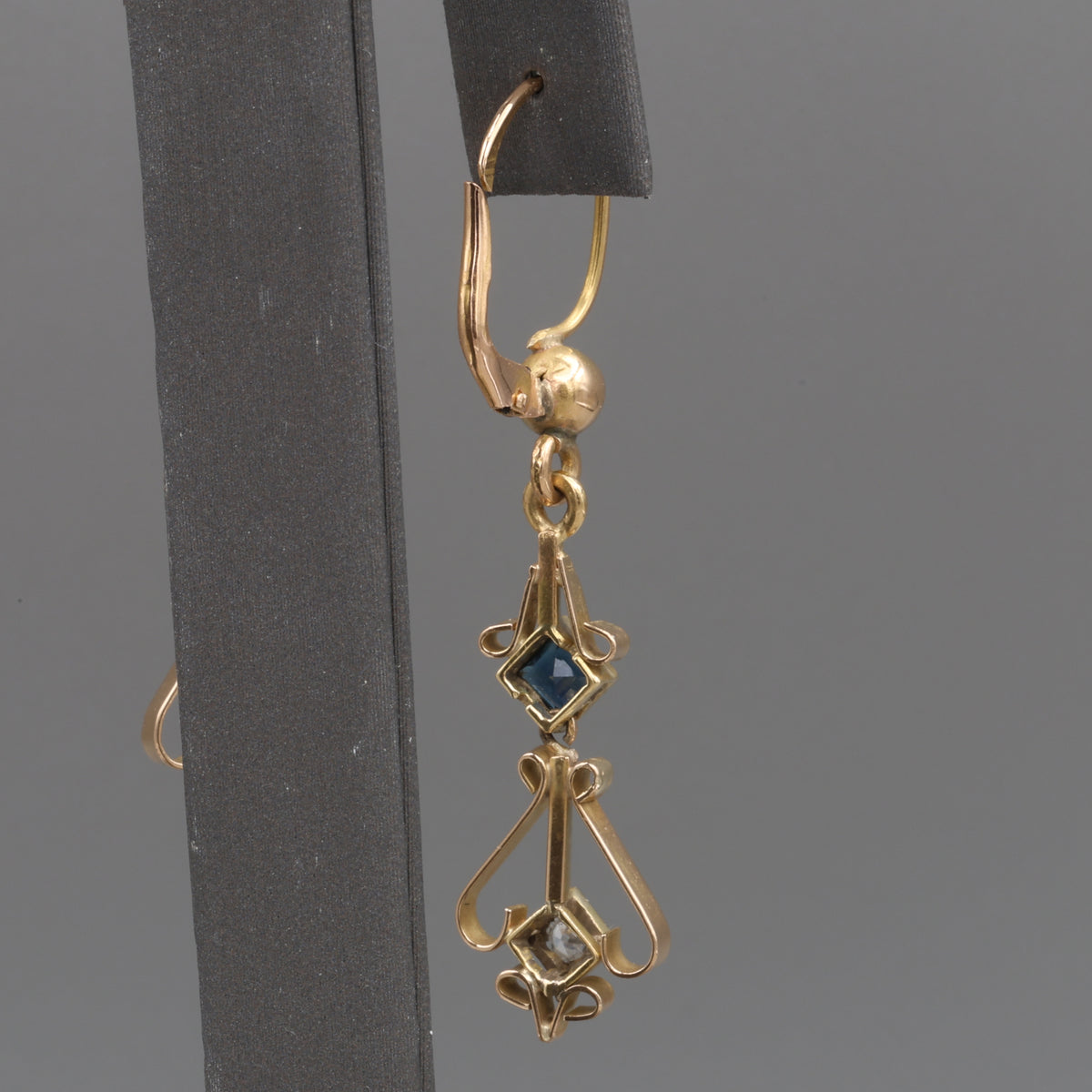 Fantastic Art Deco Old Cut Diamond and Sapphire Dangle Earrings in 18k Yellow Gold