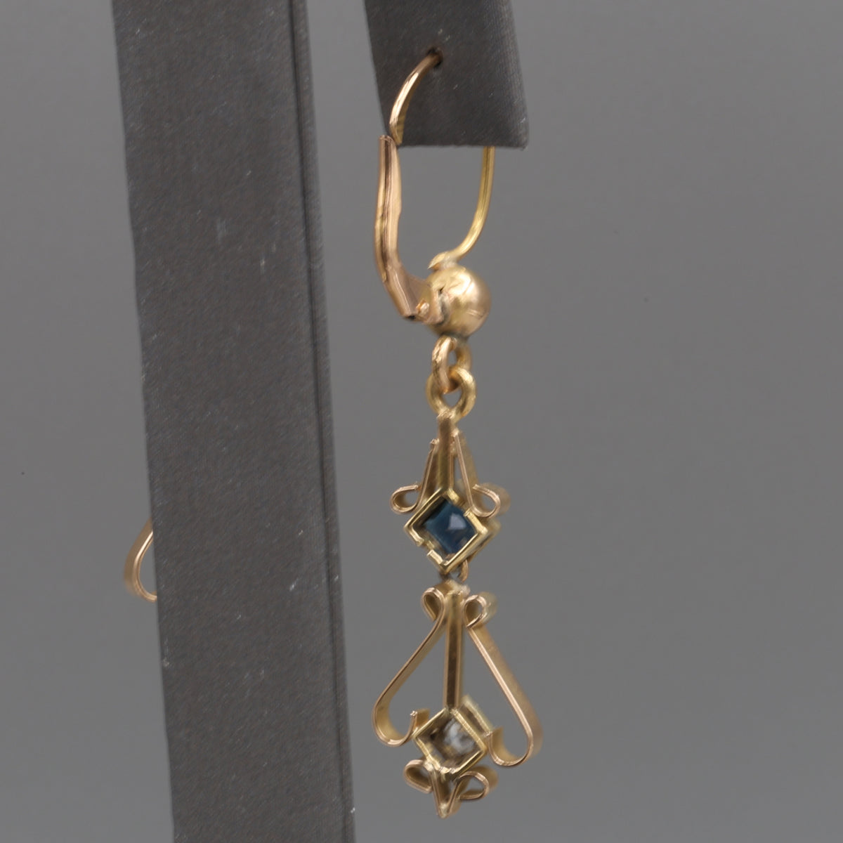Fantastic Art Deco Old Cut Diamond and Sapphire Dangle Earrings in 18k Yellow Gold