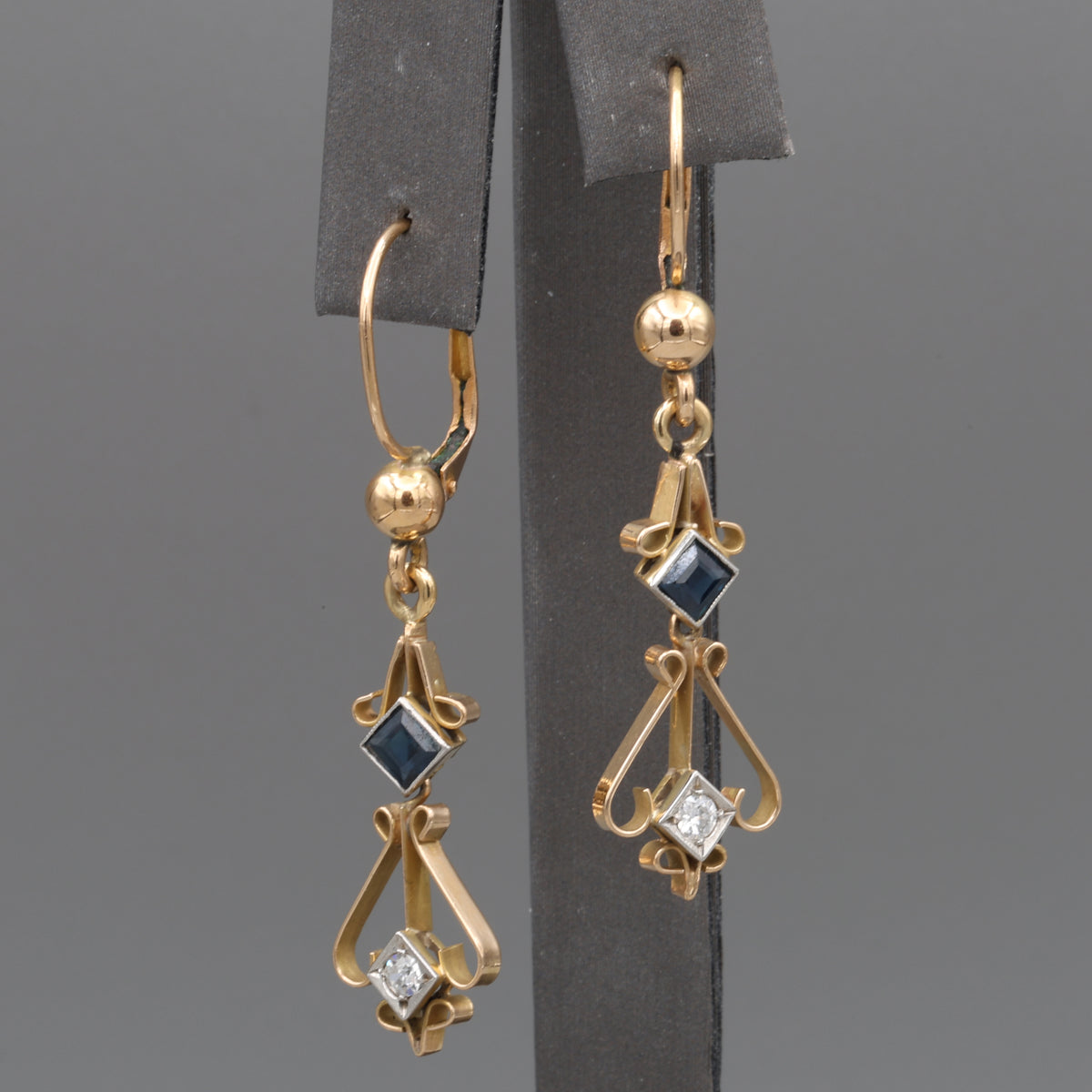 Fantastic Art Deco Old Cut Diamond and Sapphire Dangle Earrings in 18k Yellow Gold