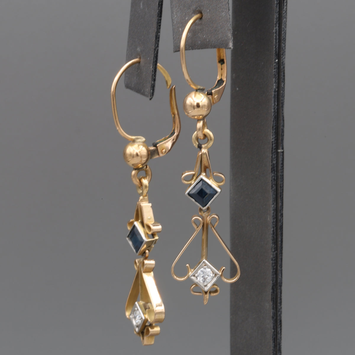 Fantastic Art Deco Old Cut Diamond and Sapphire Dangle Earrings in 18k Yellow Gold
