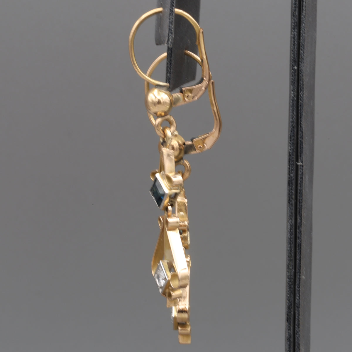 Fantastic Art Deco Old Cut Diamond and Sapphire Dangle Earrings in 18k Yellow Gold