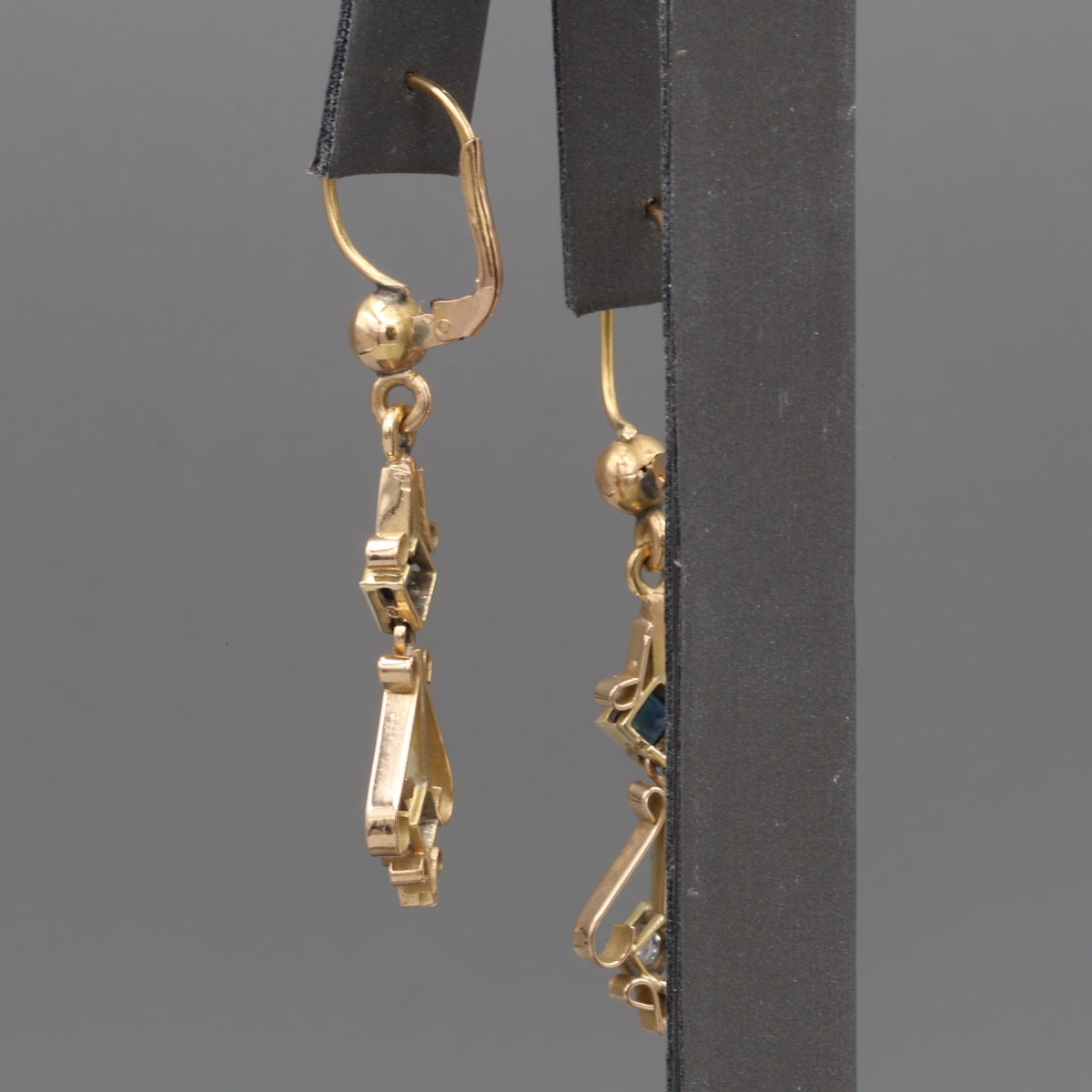 Fantastic Art Deco Old Cut Diamond and Sapphire Dangle Earrings in 18k Yellow Gold