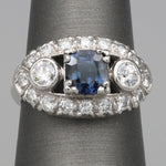 Vintage Blue Sapphire and Bezel Set Diamond Statement Ring in Platinum