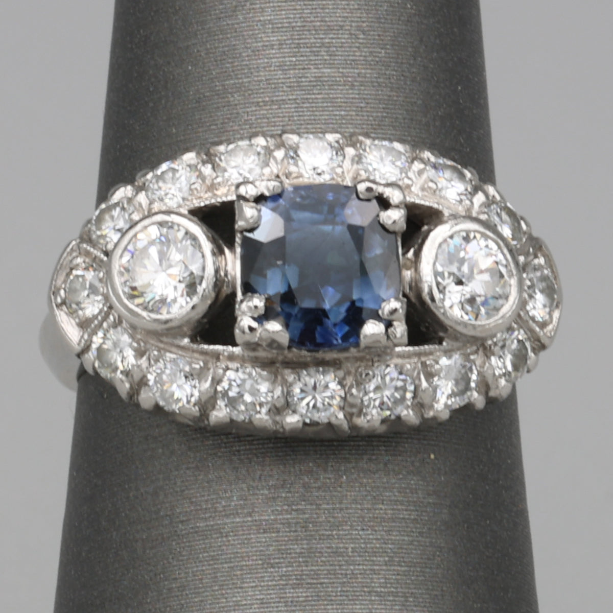 Vintage Blue Sapphire and Bezel Set Diamond Statement Ring in Platinum