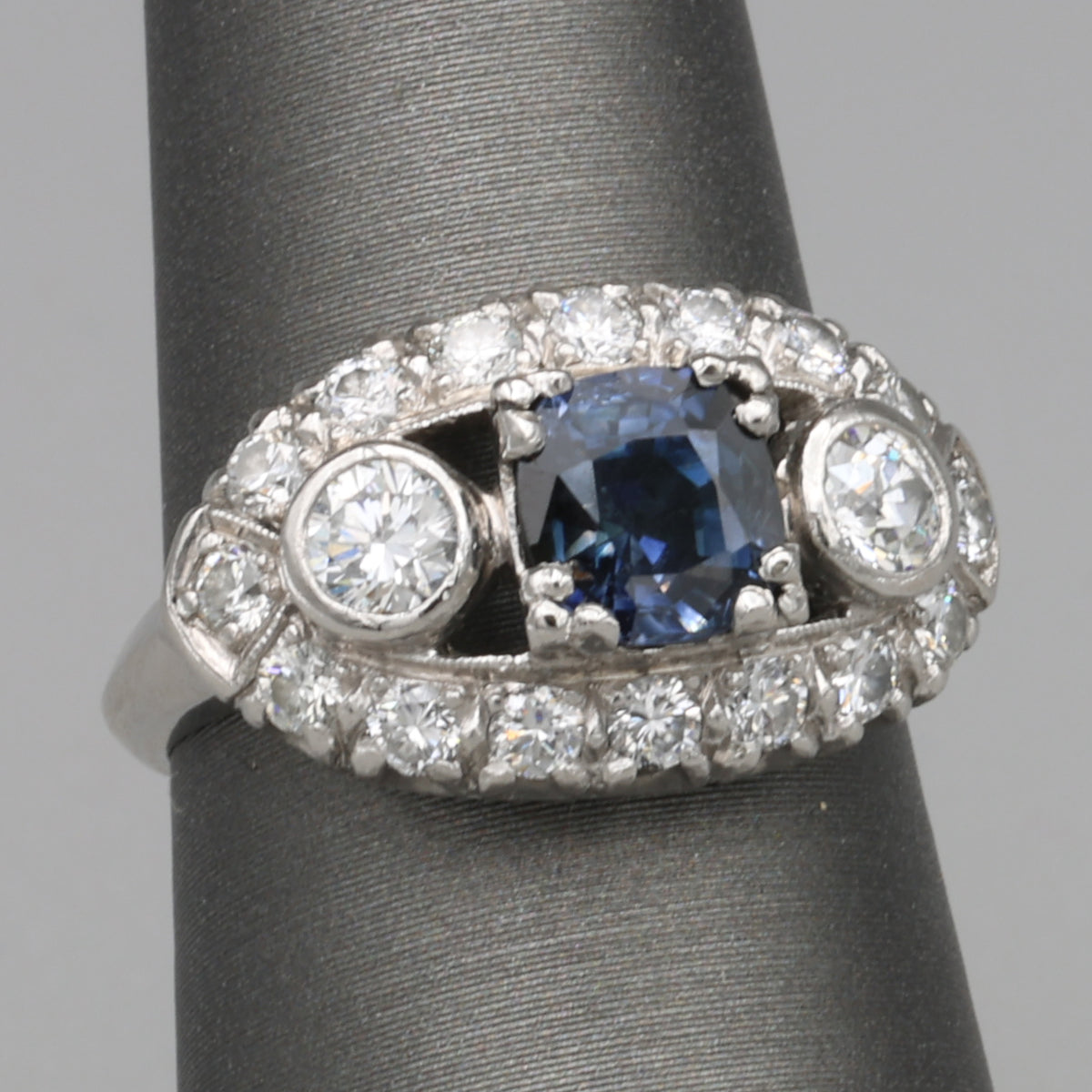 Vintage Blue Sapphire and Bezel Set Diamond Statement Ring in Platinum