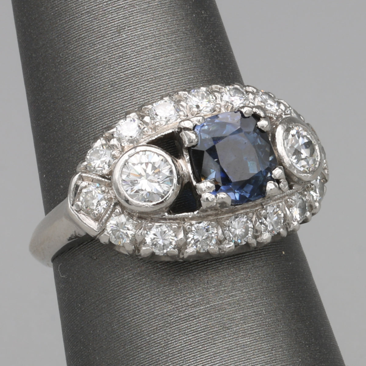 Vintage Blue Sapphire and Bezel Set Diamond Statement Ring in Platinum
