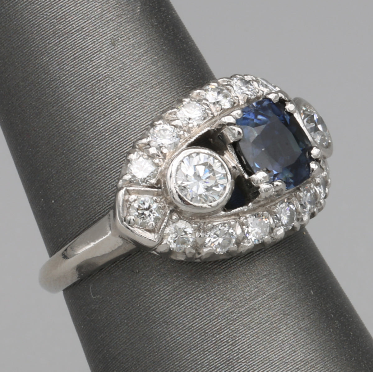 Vintage Blue Sapphire and Bezel Set Diamond Statement Ring in Platinum