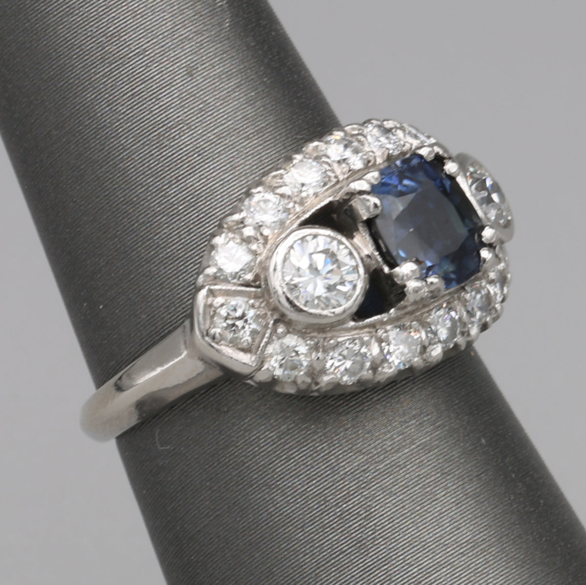 Vintage Blue Sapphire and Bezel Set Diamond Statement Ring in Platinum