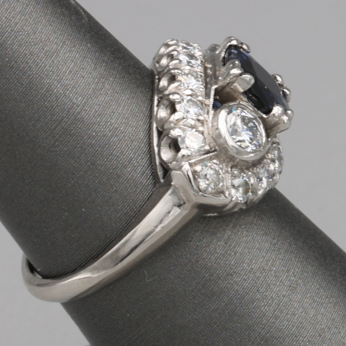 Vintage Blue Sapphire and Bezel Set Diamond Statement Ring in Platinum