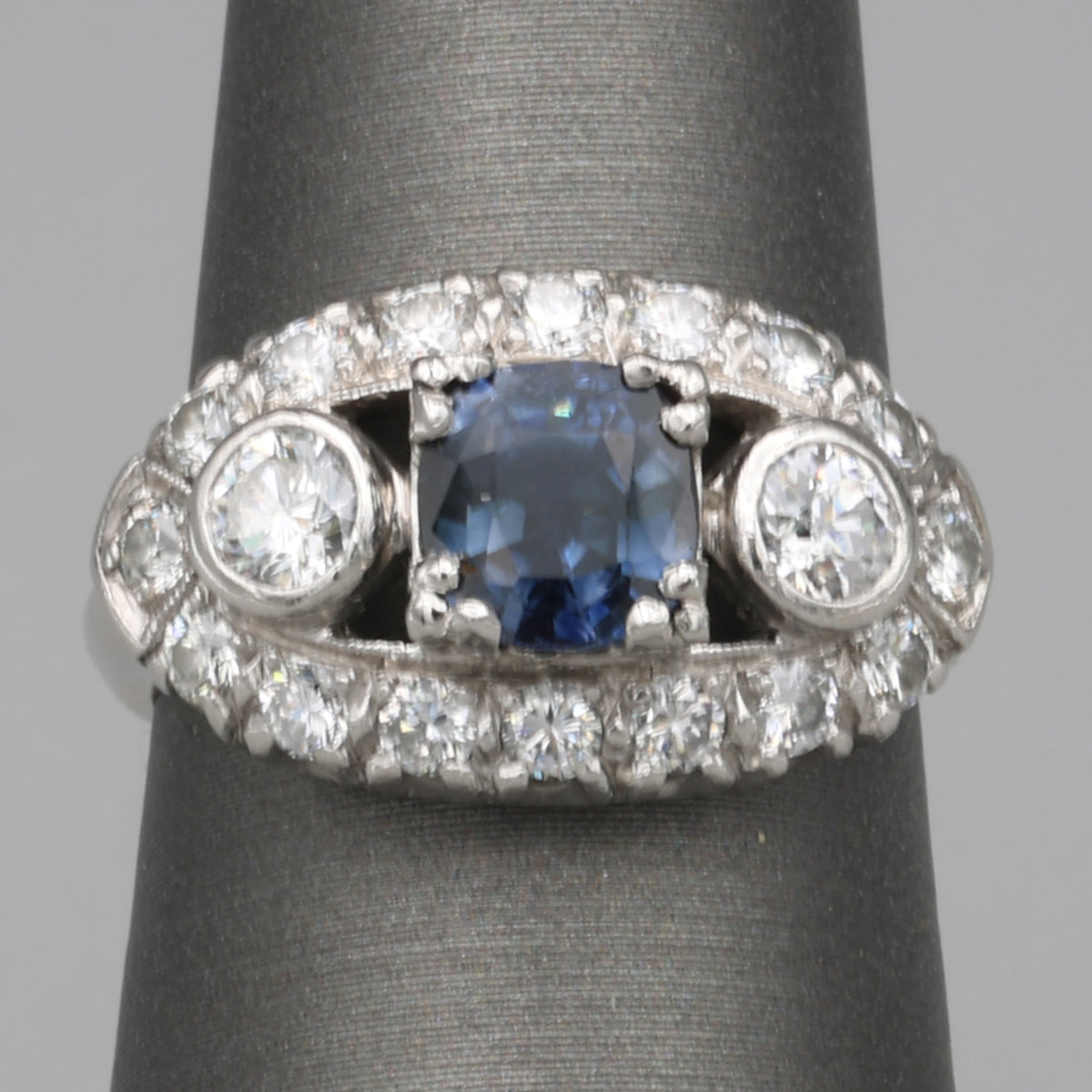 Vintage Blue Sapphire and Bezel Set Diamond Statement Ring in Platinum