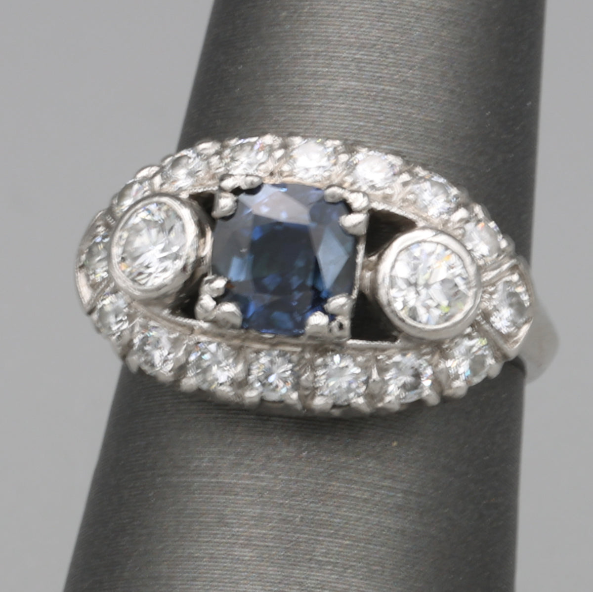 Vintage Blue Sapphire and Bezel Set Diamond Statement Ring in Platinum