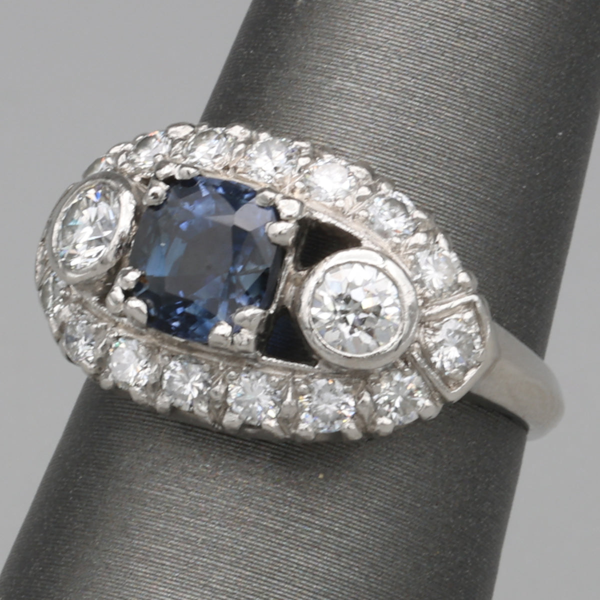 Vintage Blue Sapphire and Bezel Set Diamond Statement Ring in Platinum