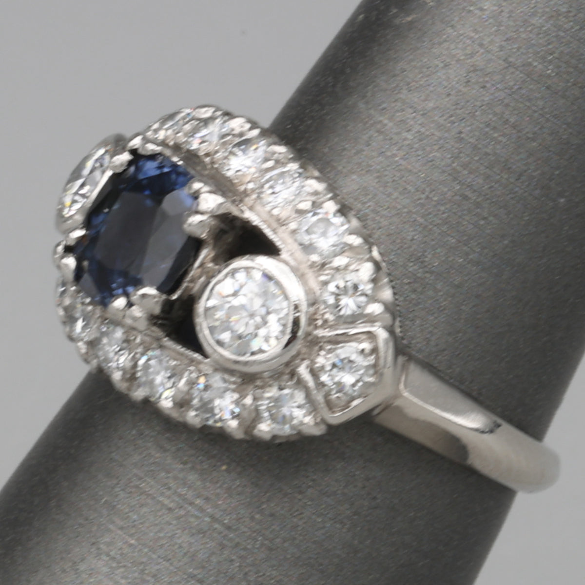 Vintage Blue Sapphire and Bezel Set Diamond Statement Ring in Platinum