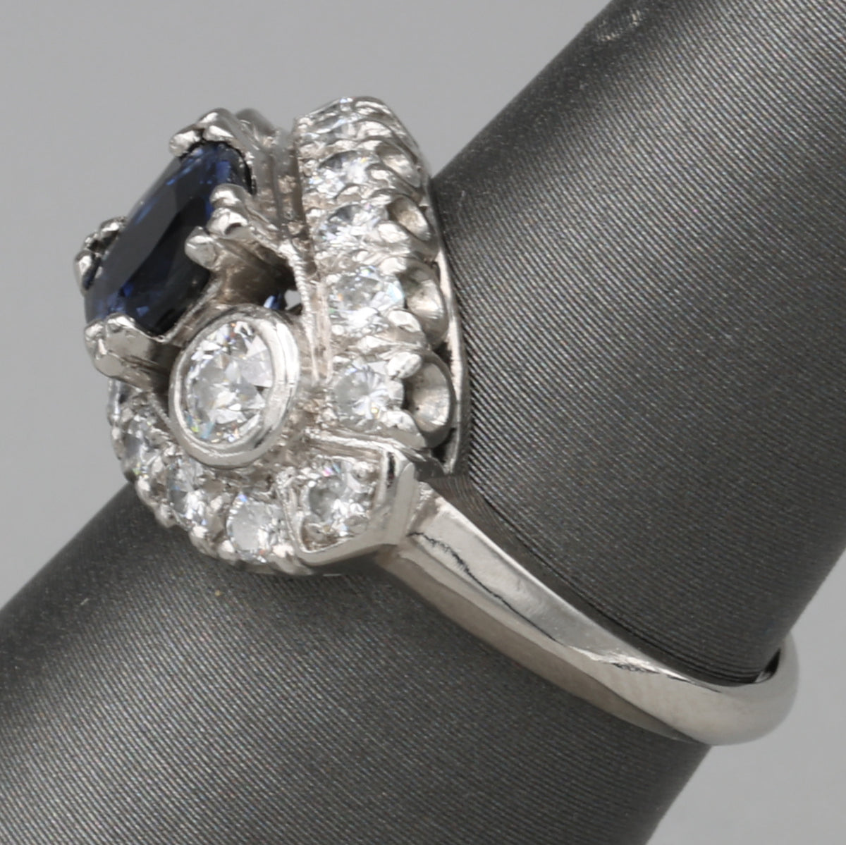 Vintage Blue Sapphire and Bezel Set Diamond Statement Ring in Platinum