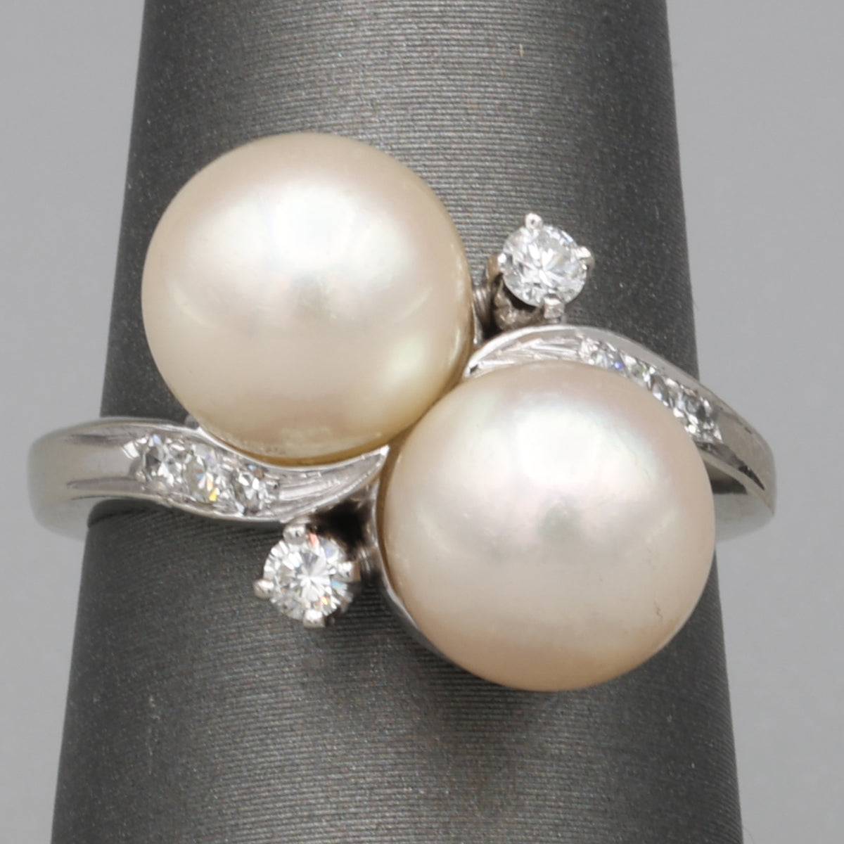 Glowing Double Akoya Pearl and Diamond Bypass Statement Ring in 14k White Gold