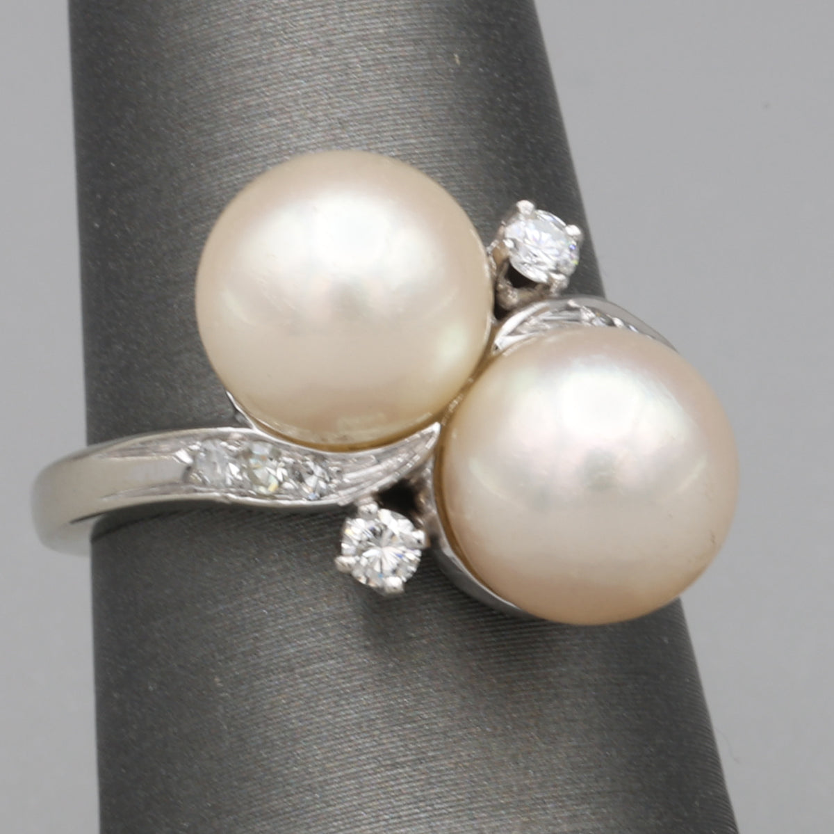 Glowing Double Akoya Pearl and Diamond Bypass Statement Ring in 14k White Gold