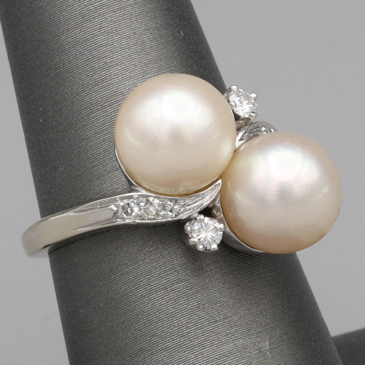 Glowing Double Akoya Pearl and Diamond Bypass Statement Ring in 14k White Gold