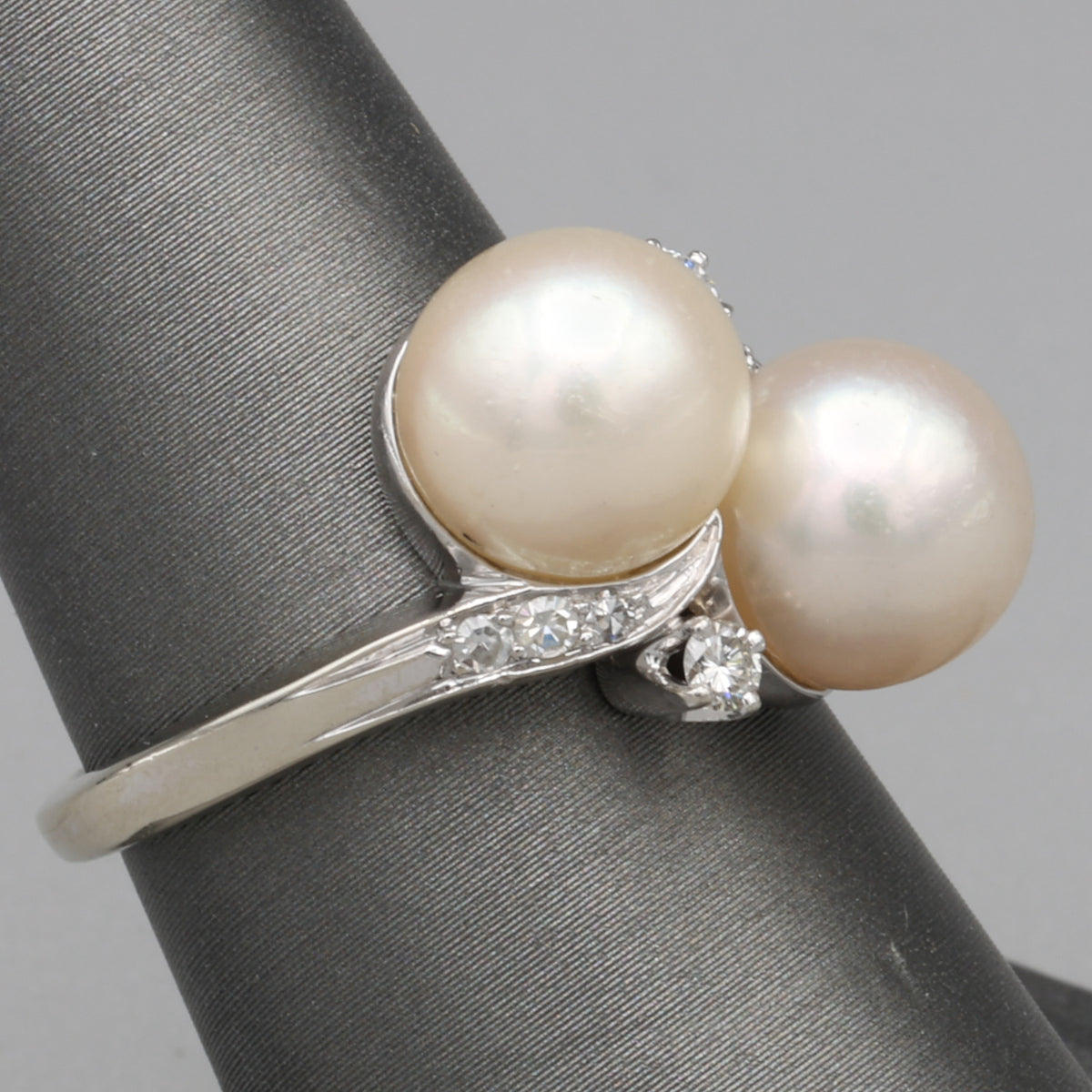 Glowing Double Akoya Pearl and Diamond Bypass Statement Ring in 14k White Gold
