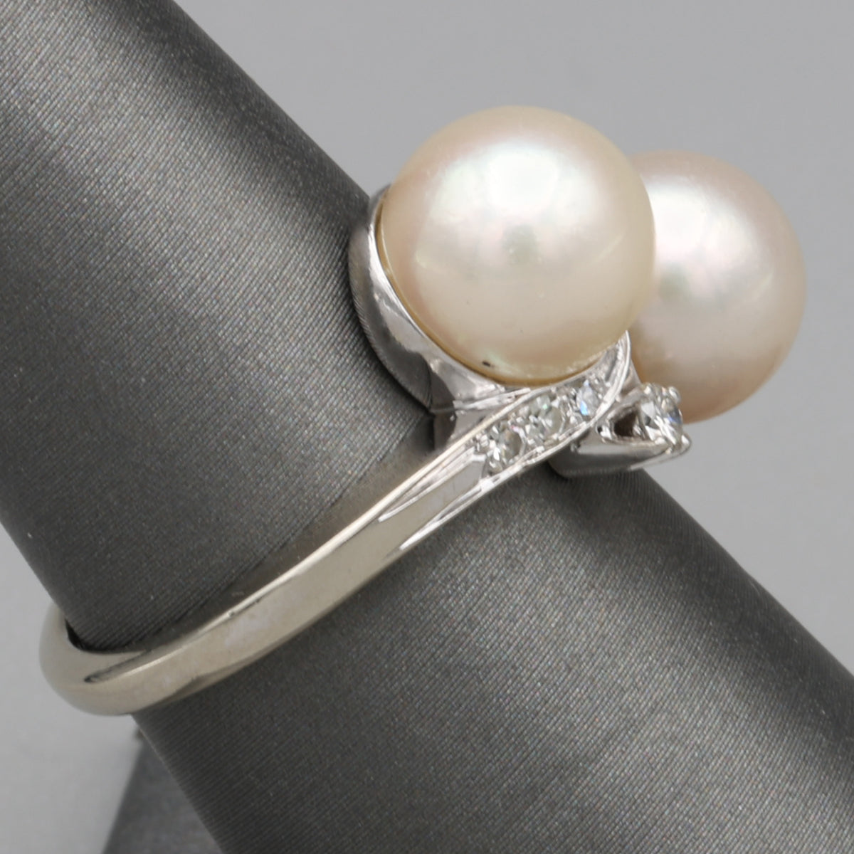 Glowing Double Akoya Pearl and Diamond Bypass Statement Ring in 14k White Gold