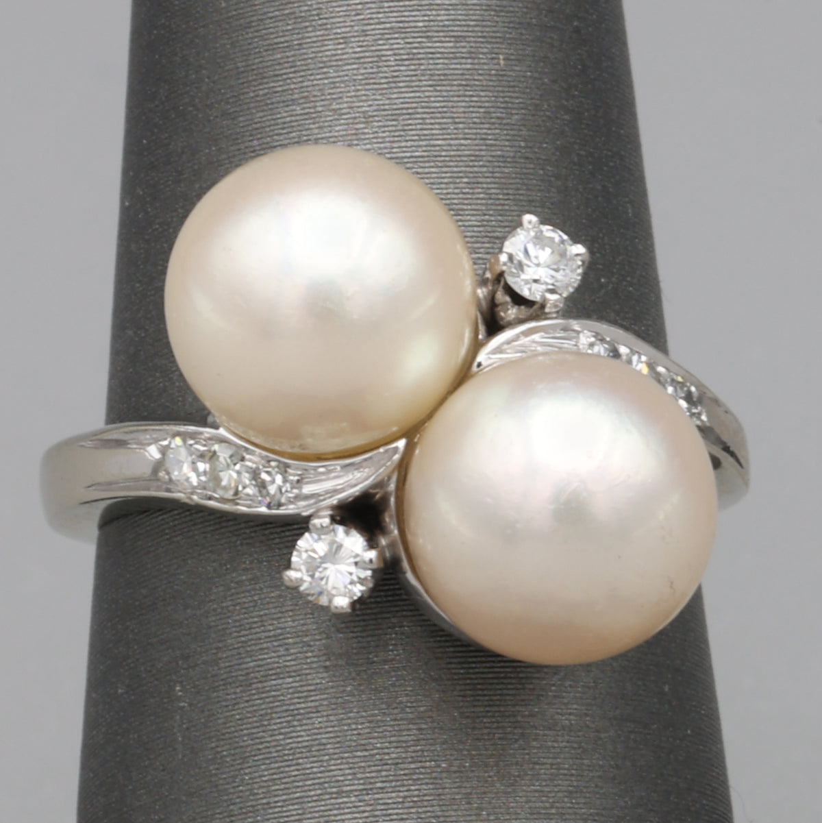 Glowing Double Akoya Pearl and Diamond Bypass Statement Ring in 14k White Gold