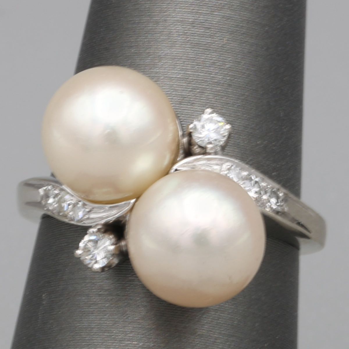 Glowing Double Akoya Pearl and Diamond Bypass Statement Ring in 14k White Gold