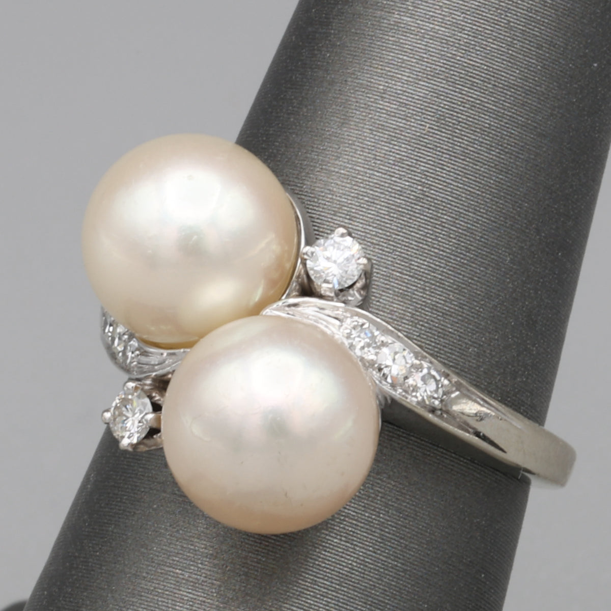 Glowing Double Akoya Pearl and Diamond Bypass Statement Ring in 14k White Gold