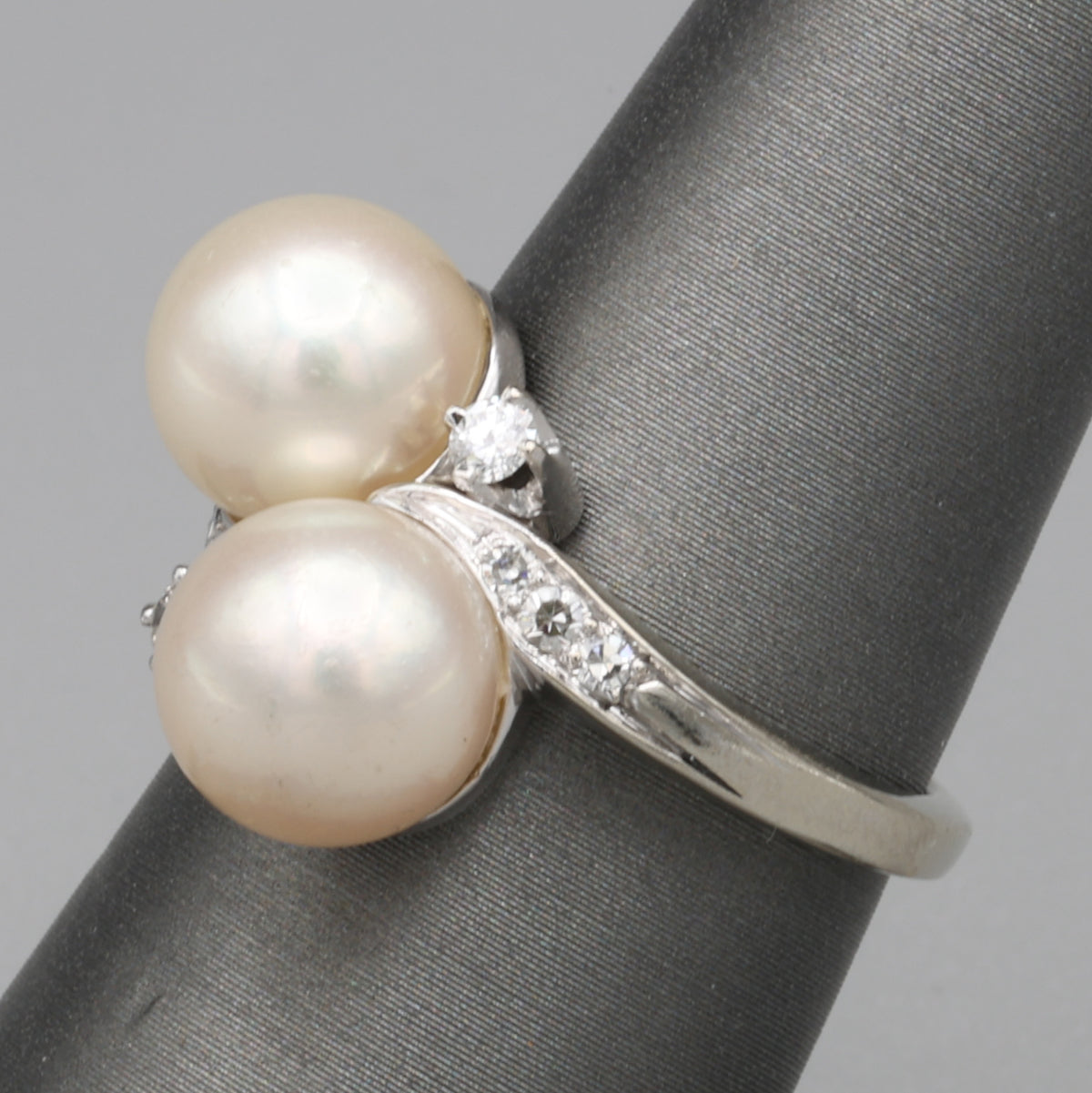 Glowing Double Akoya Pearl and Diamond Bypass Statement Ring in 14k White Gold