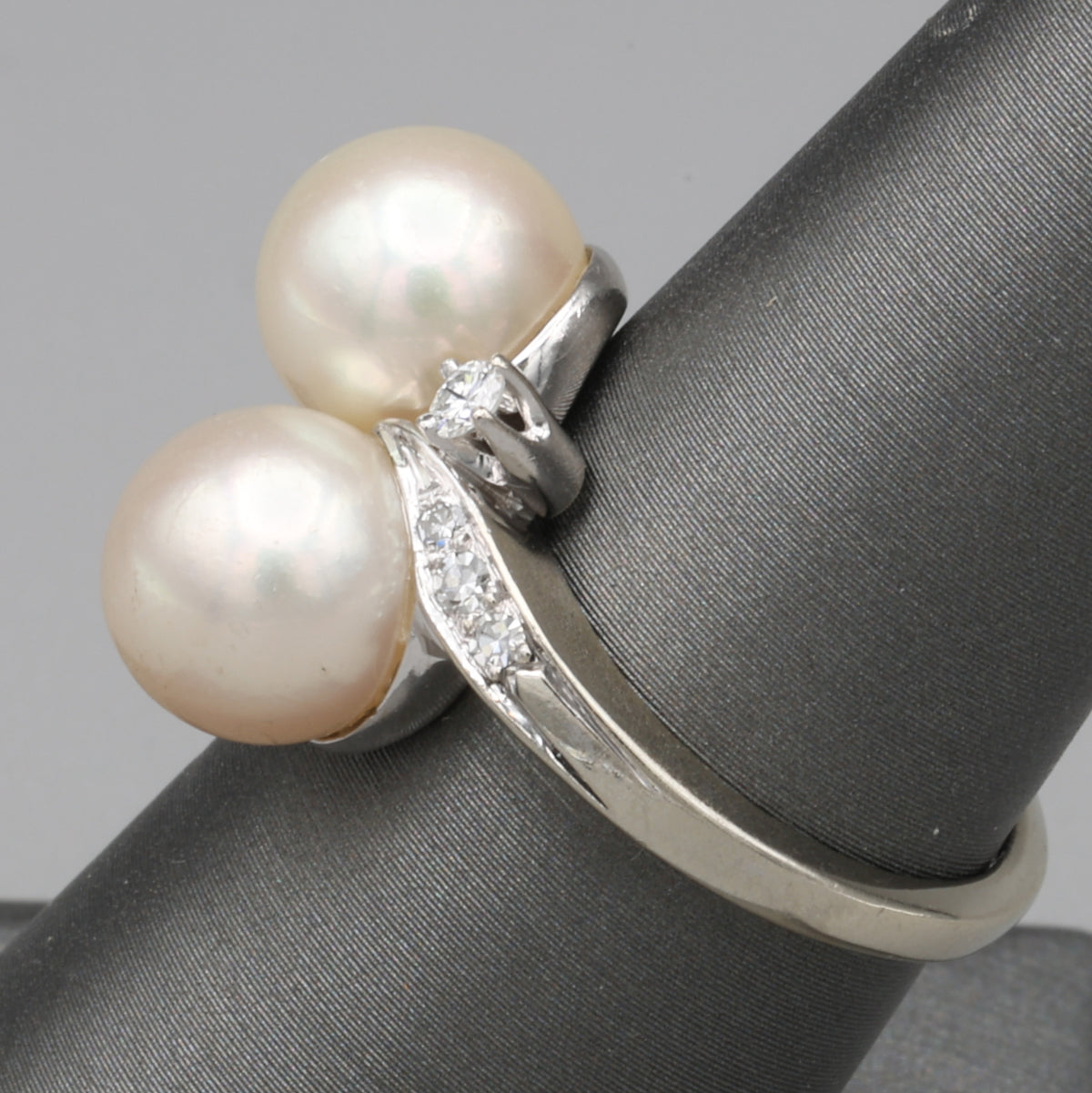 Glowing Double Akoya Pearl and Diamond Bypass Statement Ring in 14k White Gold