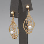 Vintage 14k Filigree Dangle Earrings with Akoya Pearls