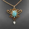 Art Nouveau Turquoise & Pearl Serpent Snake Pendant Necklace in 14k Gold 