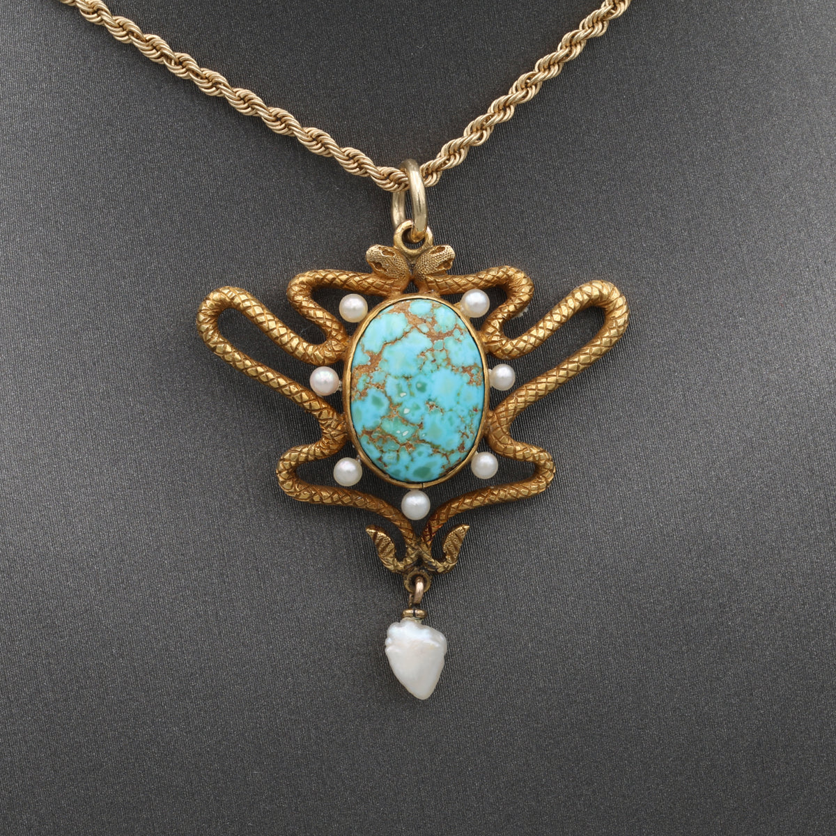 Art Nouveau Turquoise & Pearl Serpent Snake Pendant Necklace in 14k Gold 