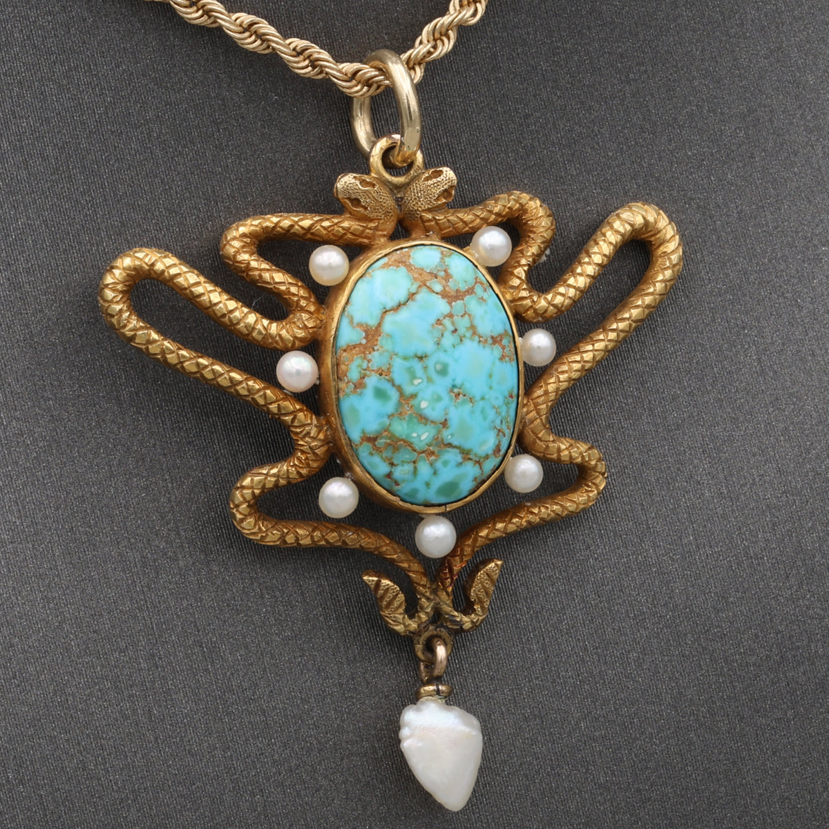 Art Nouveau Turquoise & Pearl Serpent Snake Pendant Necklace in 14k Gold 