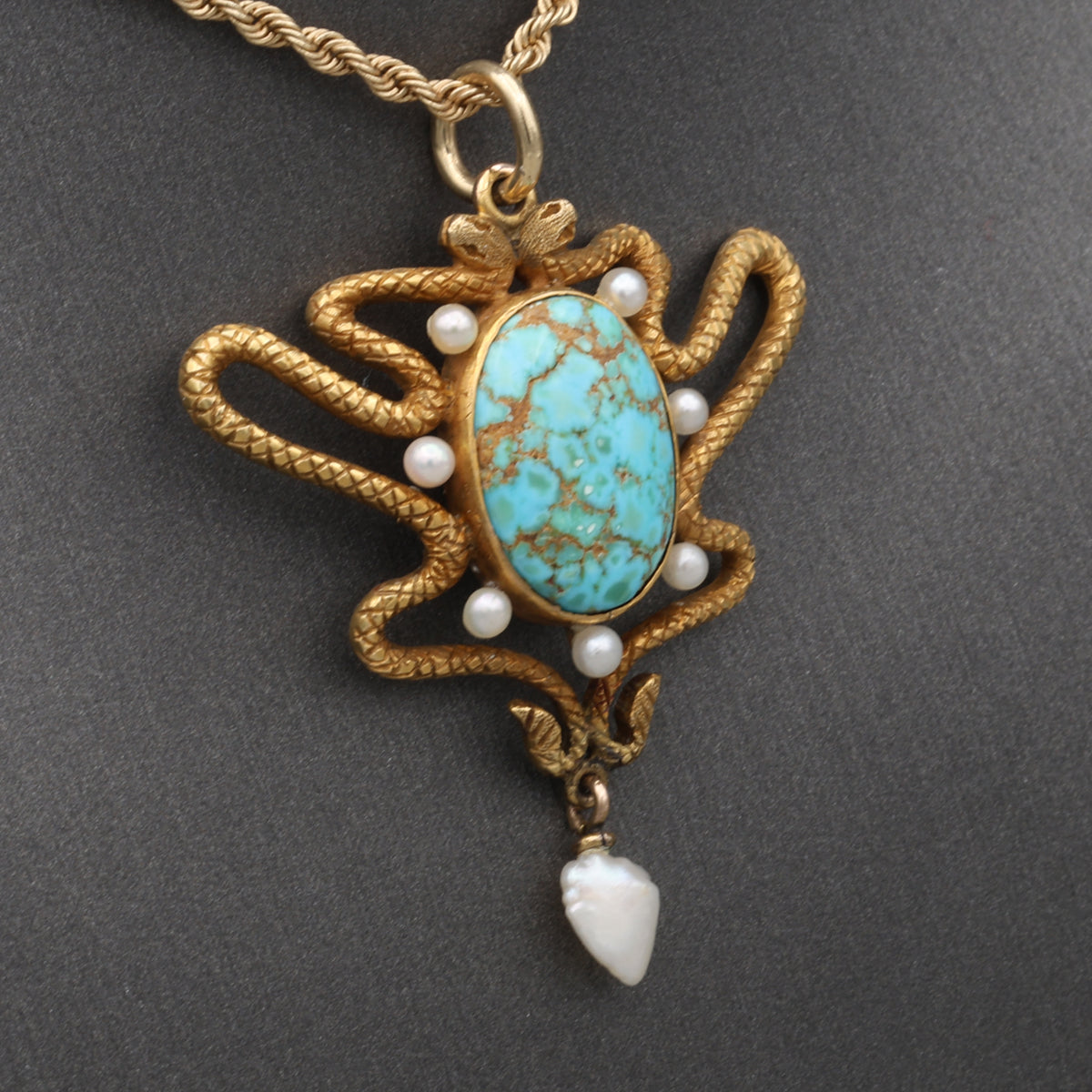 Art Nouveau Turquoise & Pearl Serpent Snake Pendant Necklace in 14k Gold 