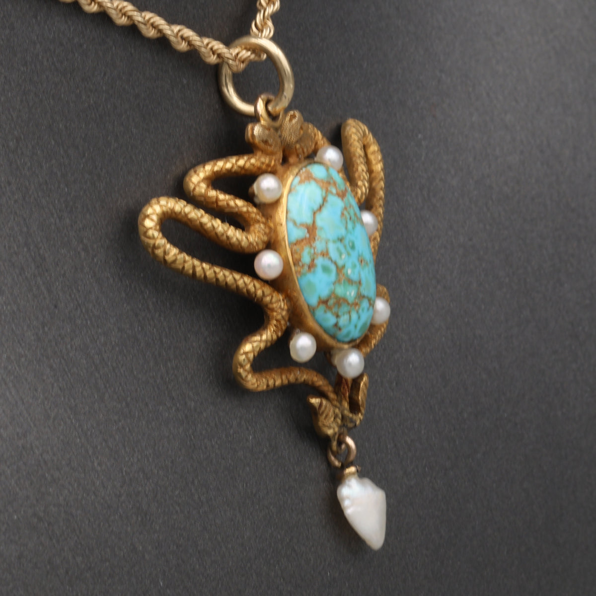 Art Nouveau Turquoise & Pearl Serpent Snake Pendant Necklace in 14k Gold 