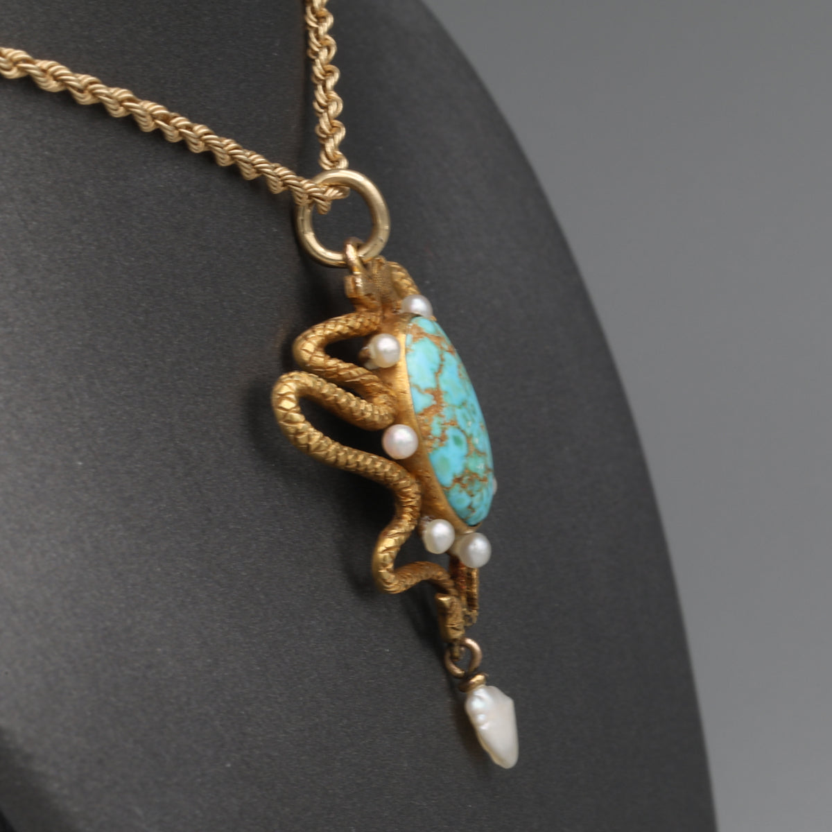 Art Nouveau Turquoise & Pearl Serpent Snake Pendant Necklace in 14k Gold 