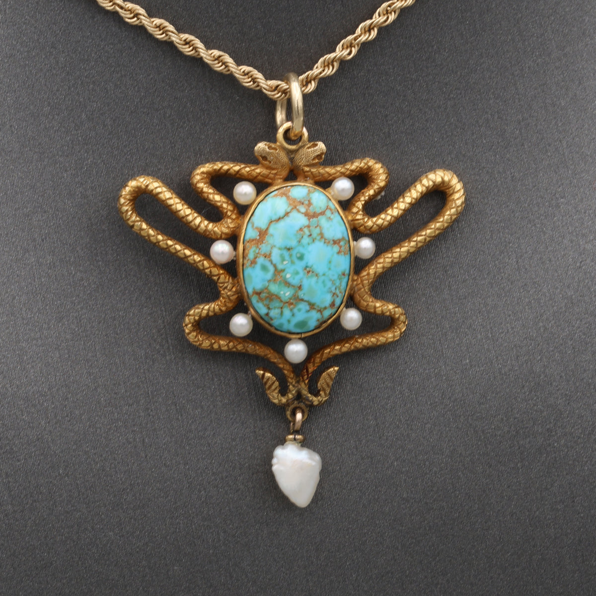 Art Nouveau Turquoise & Pearl Serpent Snake Pendant Necklace in 14k Gold 