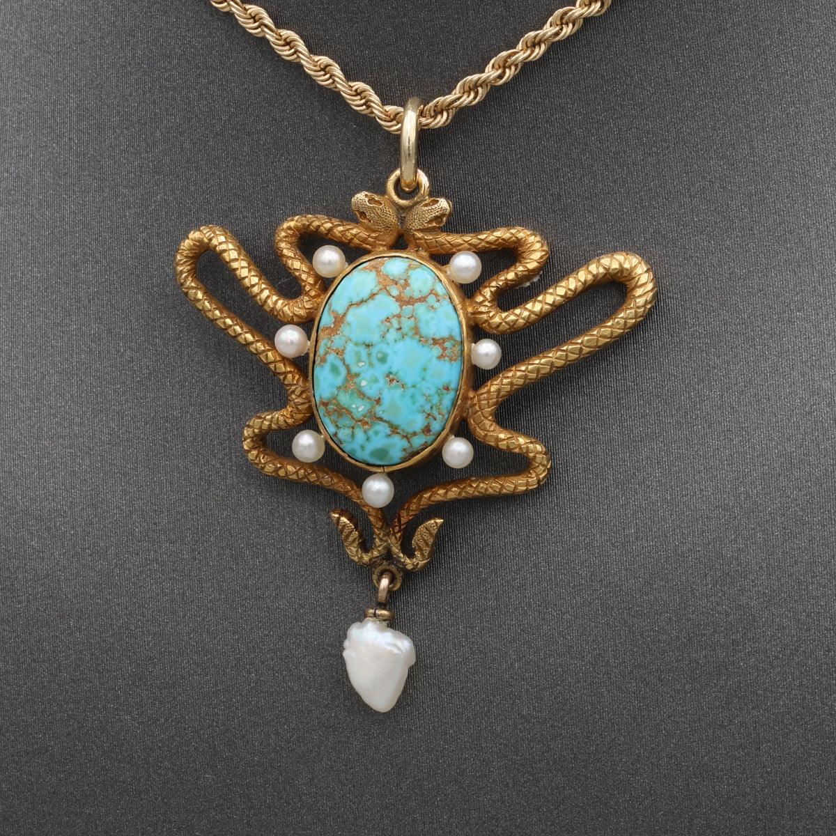 Art Nouveau Turquoise & Pearl Serpent Snake Pendant Necklace in 14k Gold 