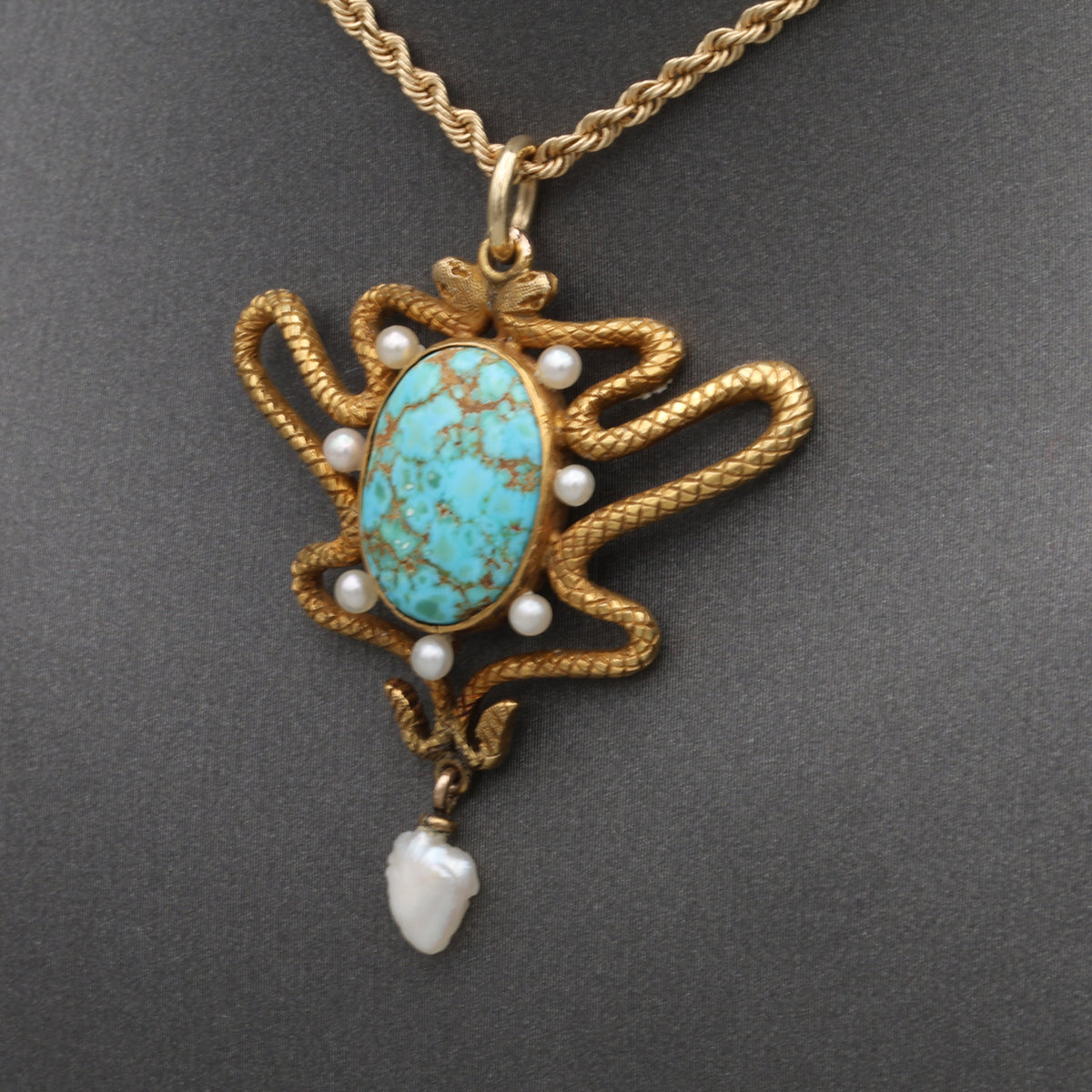 Art Nouveau Turquoise & Pearl Serpent Snake Pendant Necklace in 14k Gold 