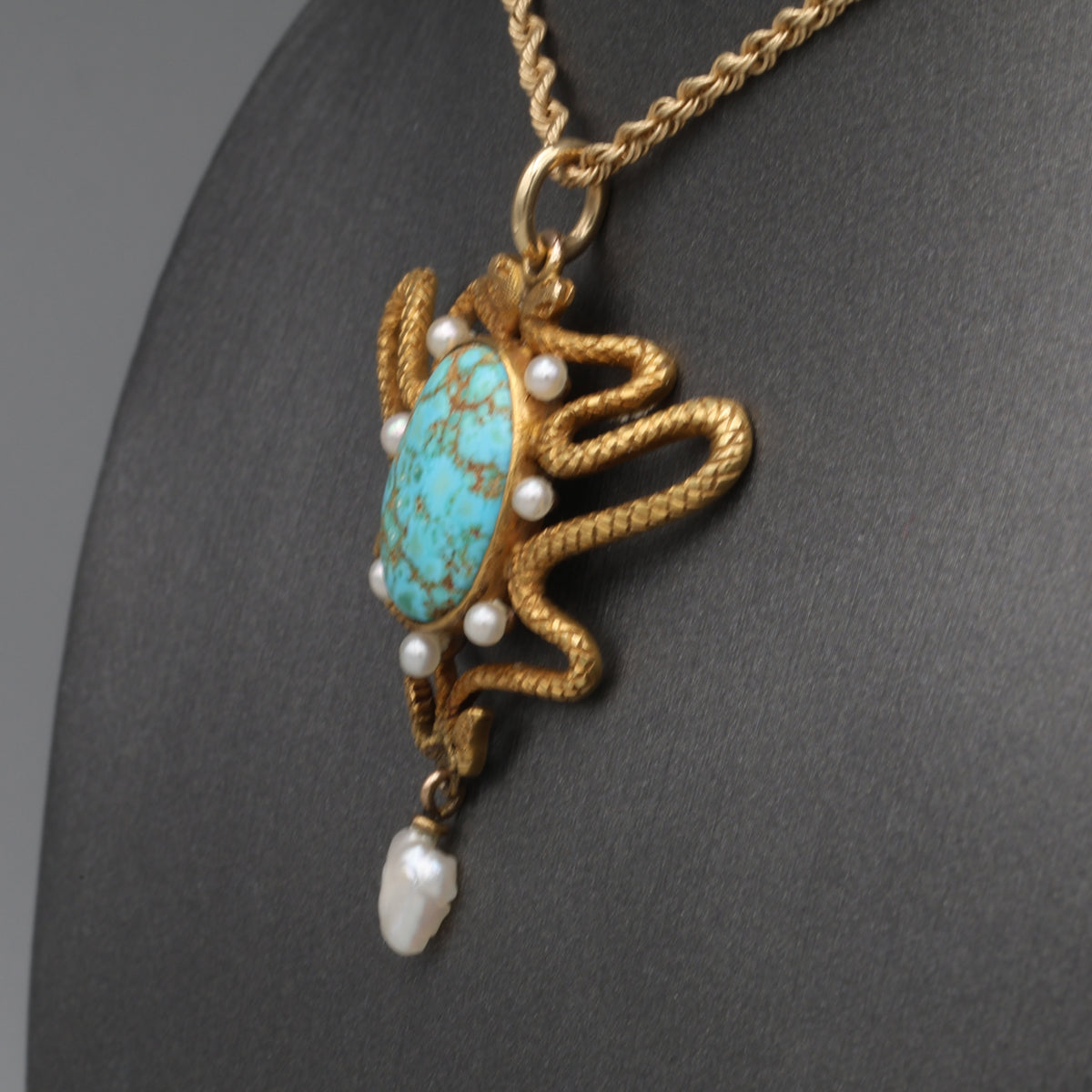 Art Nouveau Turquoise & Pearl Serpent Snake Pendant Necklace in 14k Gold 