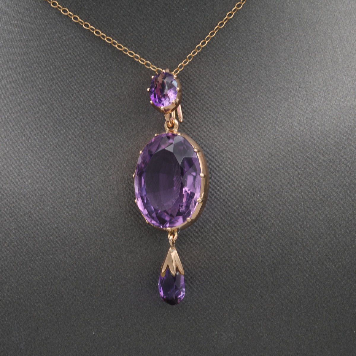 Antique Victorian Bezel Set and Briolette Cut Amethyst Statement Pendant in 14k Rosy Gold