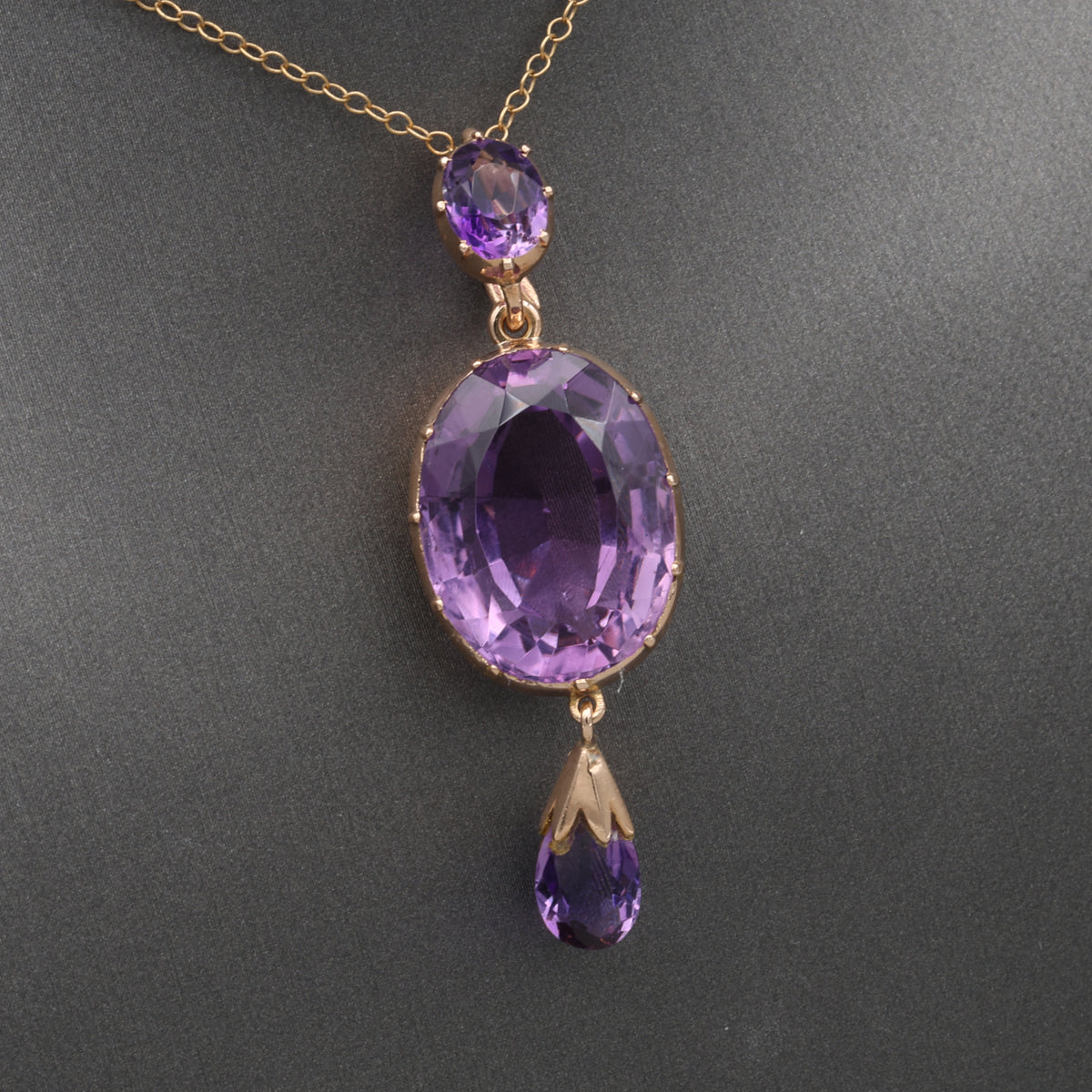 Antique Victorian Bezel Set and Briolette Cut Amethyst Statement Pendant in 14k Rosy Gold