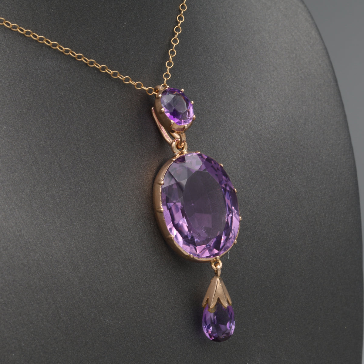 Antique Victorian Bezel Set and Briolette Cut Amethyst Statement Pendant in 14k Rosy Gold