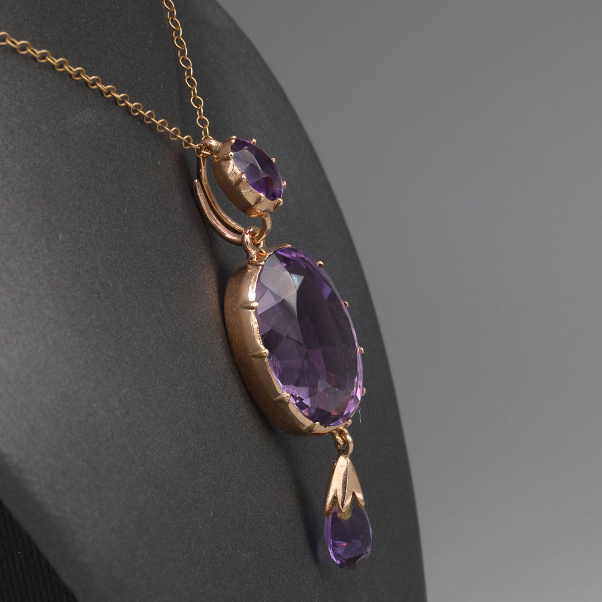 Antique Victorian Bezel Set and Briolette Cut Amethyst Statement Pendant in 14k Rosy Gold