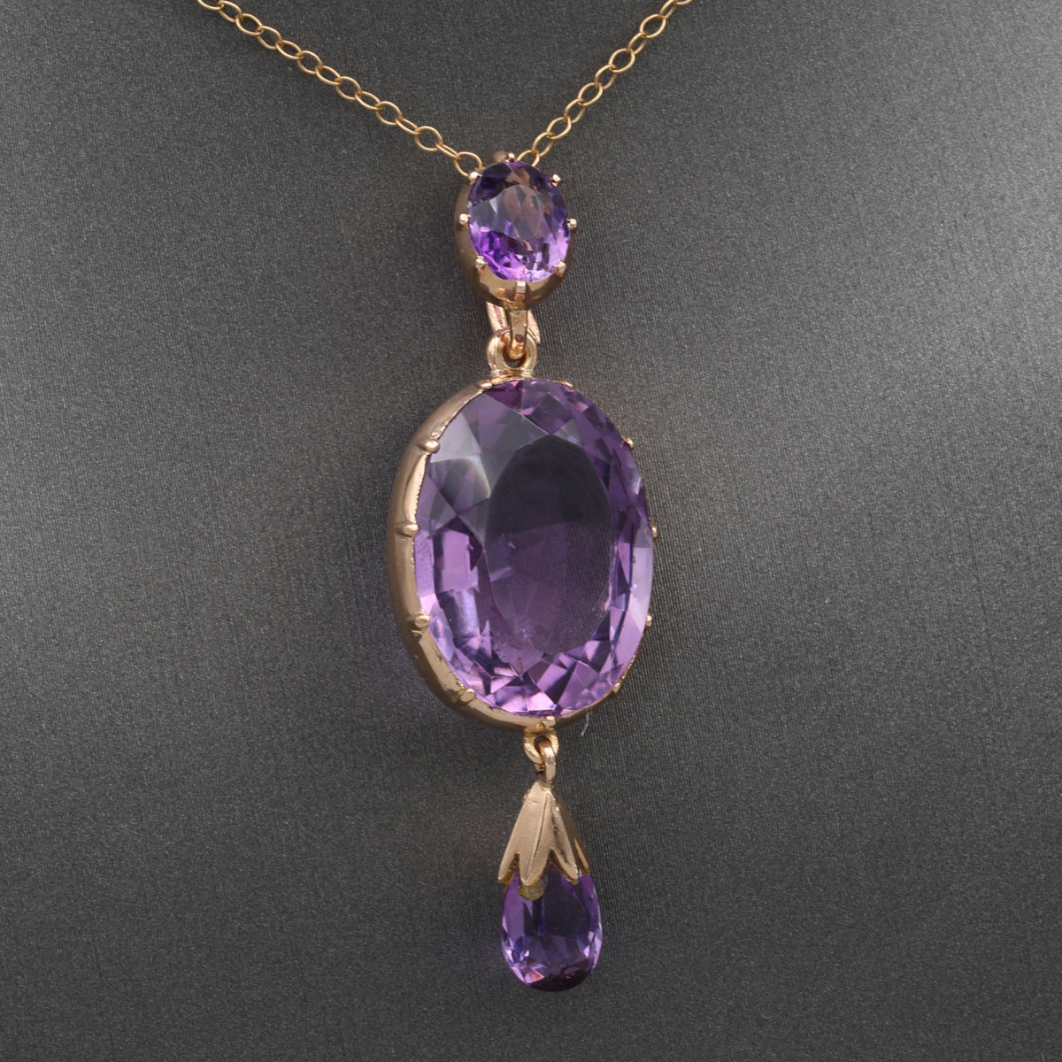 Antique Victorian Bezel Set and Briolette Cut Amethyst Statement Pendant in 14k Rosy Gold
