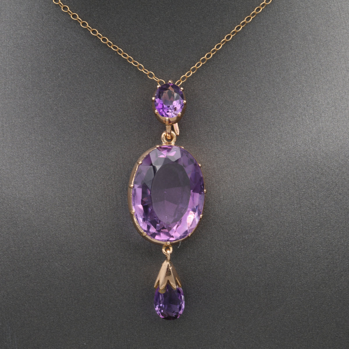 Antique Victorian Bezel Set and Briolette Cut Amethyst Statement Pendant in 14k Rosy Gold