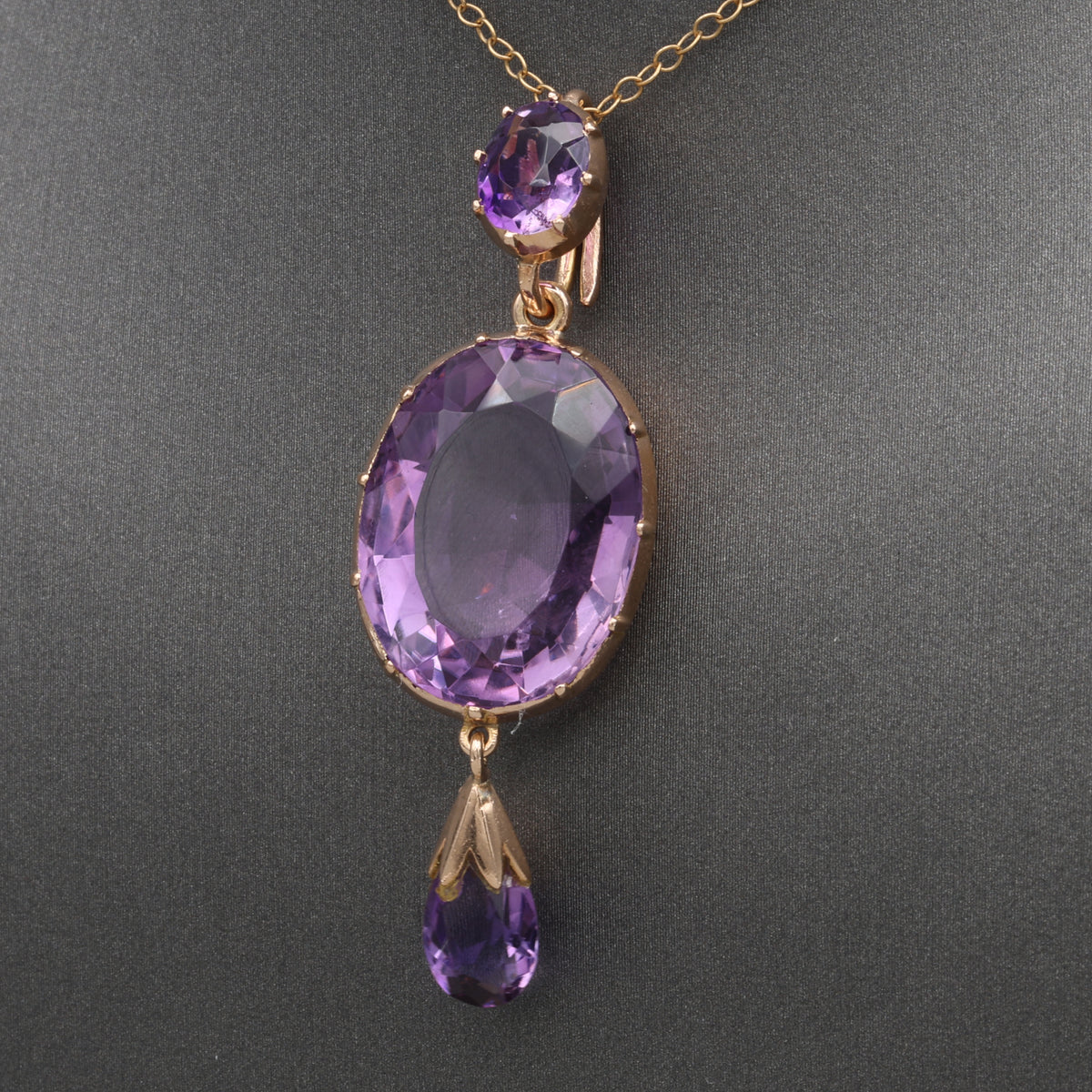 Antique Victorian Bezel Set and Briolette Cut Amethyst Statement Pendant in 14k Rosy Gold